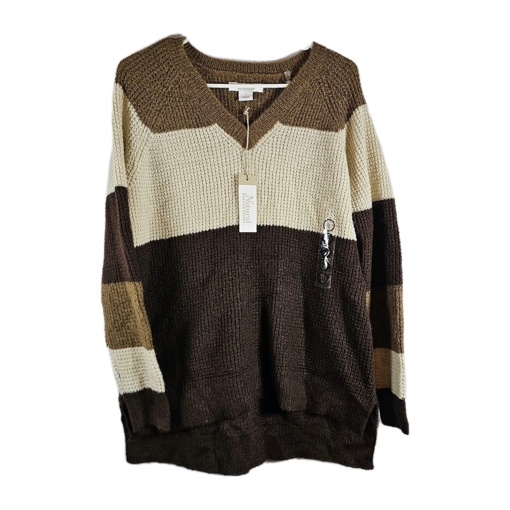 NWT‎ Natural Reflections Knit Sweater Brown Colorblock Size Small Longer Back